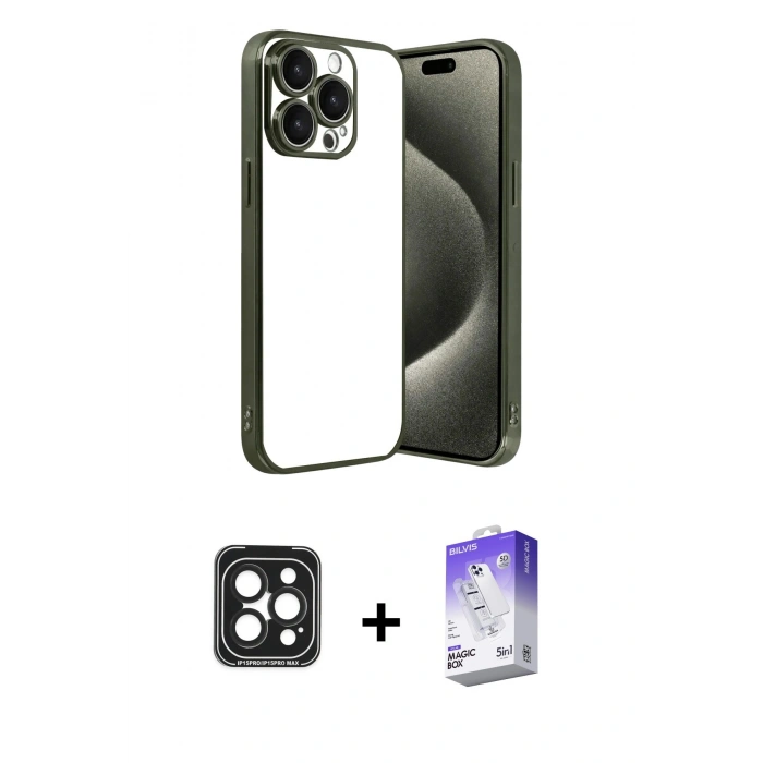 MARSİLYAN™- iPhone 15 Pro Max Kılıf Vadi Minimal - Siyah Bilvis 5in1 3D Magic Cam Ekran Koruyucu + PVD Metal Kamera Lens - SH