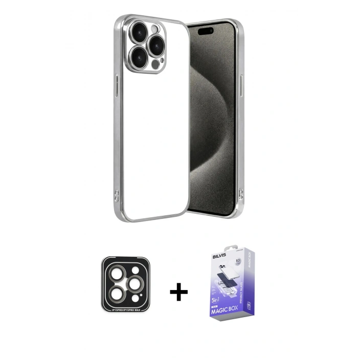 MARSİLYAN™- iPhone 15 Pro Max Kılıf Vadi Minimal - Siyah Bilvis 5in1 5D Magic Hayalet Cam Ekran Koruyucu + PVD Metal Kamera Lens - GI