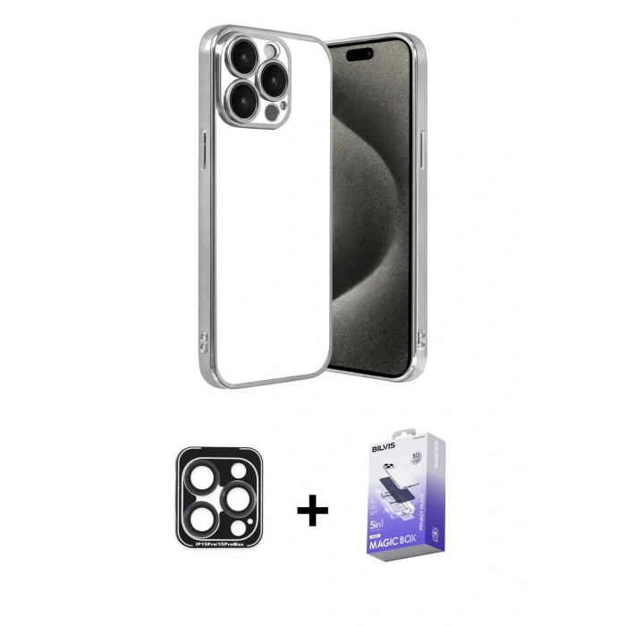 MARSİLYAN™- iPhone 15 Pro Max Kılıf Vadi Minimal - Siyah Bilvis 5in1 5D Magic Hayalet Cam Ekran Koruyucu + PVD Metal Kamera Lens - LT