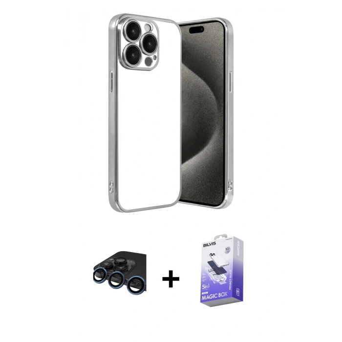 MARSİLYAN™- iPhone 15 Pro Max Kılıf Vadi Minimal - Siyah Bilvis 5in1 5D Magic Hayalet Cam Ekran Koruyucu + Raze Metal Kamera Lens - LT