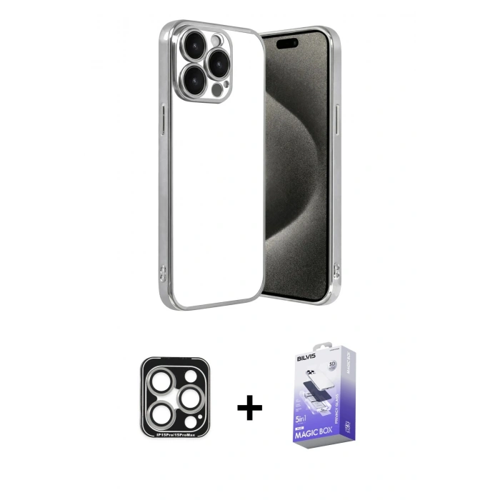 MARSİLYAN™- iPhone 15 Pro Max Kılıf Vadi Minimal - Siyah Bilvis 5in1 5D Magic Hayalet Cam Ekran Koruyucu + PVD Metal Kamera Lens - GS