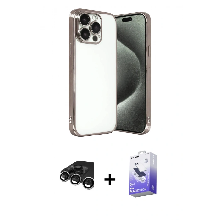 MARSİLYAN™- iPhone 15 Pro Max Kılıf Vadi Minimal - Siyah Bilvis 5in1 5D Magic Hayalet Cam Ekran Koruyucu + Raze Metal Kamera Lens - GS