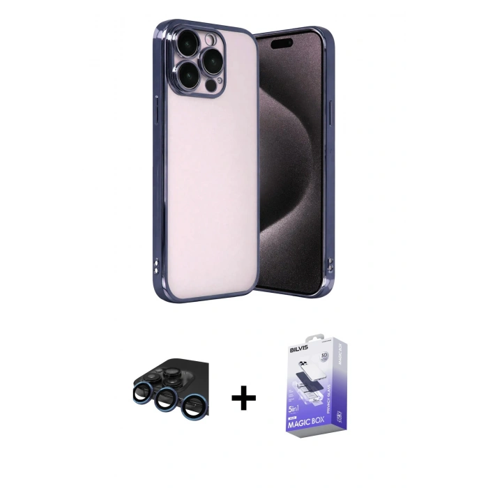 MARSİLYAN™- iPhone 15 Pro Max Kılıf Vadi Minimal - Siyah Bilvis 5in1 5D Magic Hayalet Cam Ekran Koruyucu + Raze Metal Kamera Lens - LT
