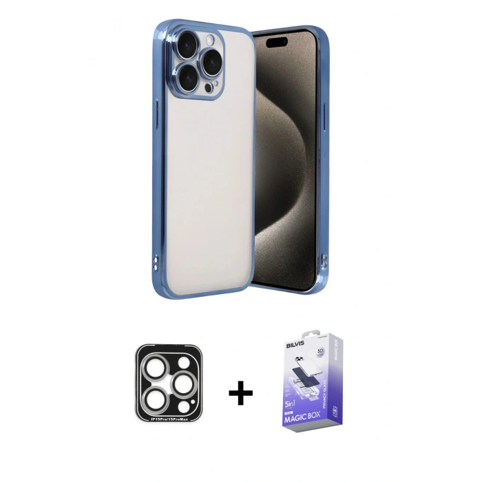MARSİLYAN™- iPhone 15 Pro Max Kılıf Vadi Minimal - Siyah Bilvis 5in1 5D Magic Hayalet Cam Ekran Koruyucu + PVD Metal Kamera Lens - GS