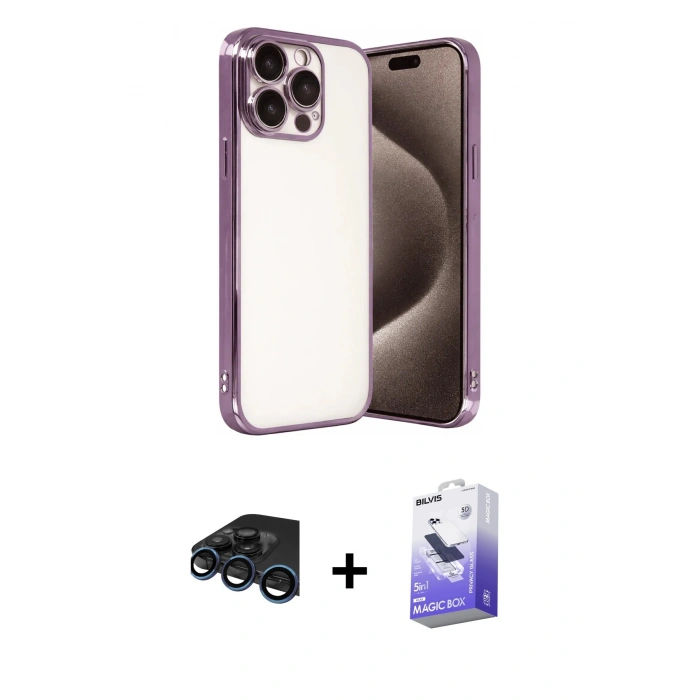 MARSİLYAN™- iPhone 15 Pro Max Kılıf Vadi Minimal - Siyah Bilvis 5in1 5D Magic Hayalet Cam Ekran Koruyucu + Raze Metal Kamera Lens - LT