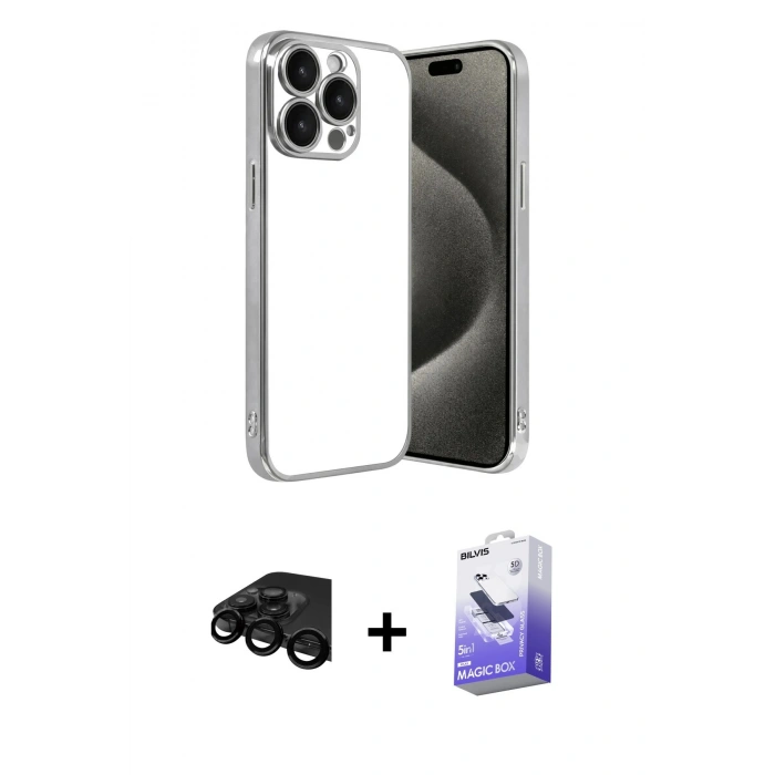 MARSİLYAN™- iPhone 15 Pro Max Kılıf Vadi Minimal - Siyah Bilvis 5in1 5D Magic Hayalet Cam Ekran Koruyucu + Raze Metal Kamera Lens - SH