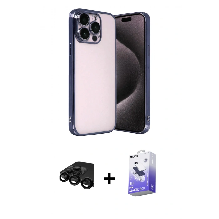 MARSİLYAN™- iPhone 15 Pro Max Kılıf Vadi Minimal - Siyah Bilvis 5in1 5D Magic Hayalet Cam Ekran Koruyucu + Raze Metal Kamera Lens - SH