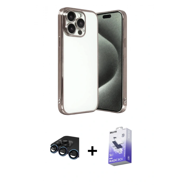 MARSİLYAN™- iPhone 15 Pro Max Kılıf Vadi Minimal - Siyah Bilvis 5in1 5D Magic Hayalet Cam Ekran Koruyucu + Raze Metal Kamera Lens - LT