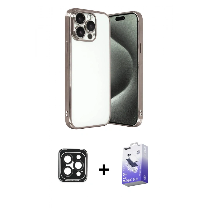 MARSİLYAN™- iPhone 15 Pro Max Kılıf Vadi Minimal - Siyah Bilvis 5in1 5D Magic Hayalet Cam Ekran Koruyucu + PVD Metal Kamera Lens - SH