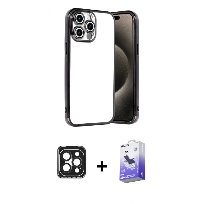 MARSİLYAN™- iPhone 15 Pro Max Kılıf Vadi Minimal - Siyah Bilvis 5in1 5D Magic Hayalet Cam Ekran Koruyucu + Siyah PVD Metal Kamera Lens