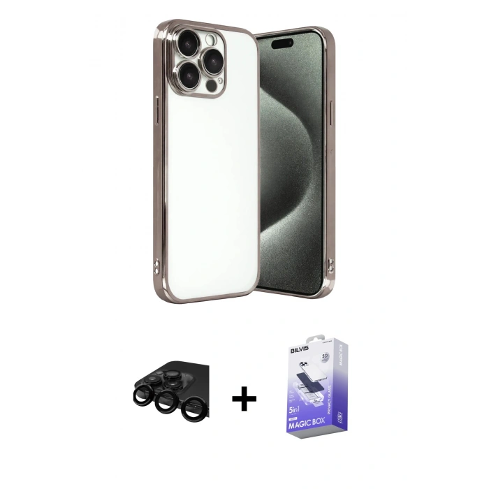 MARSİLYAN™- iPhone 15 Pro Max Kılıf Vadi Minimal - Siyah Bilvis 5in1 5D Magic Hayalet Cam Ekran Koruyucu + Raze Metal Kamera Lens - SH