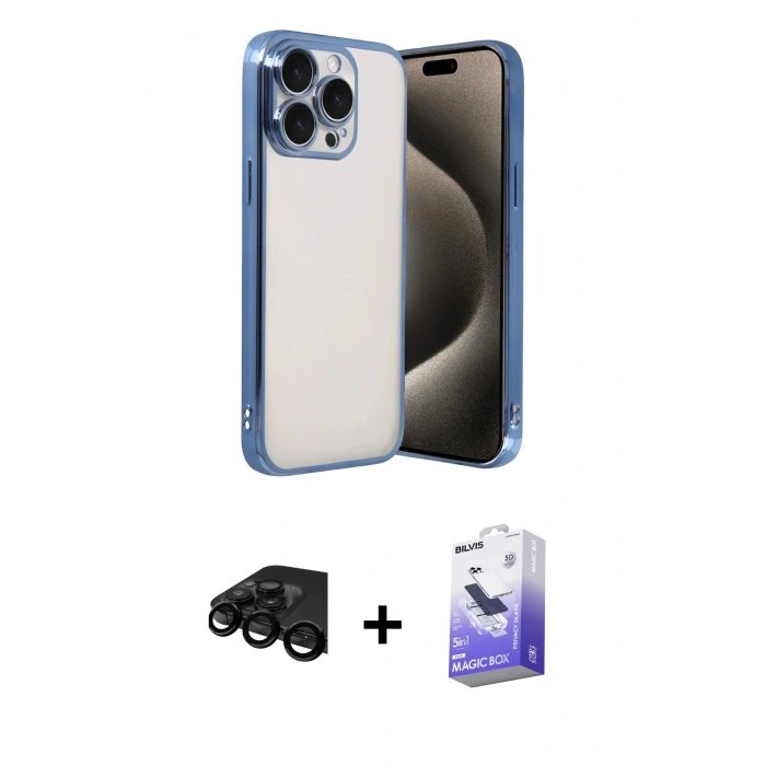 MARSİLYAN™- iPhone 15 Pro Max Kılıf Vadi Minimal - Siyah Bilvis 5in1 5D Magic Hayalet Cam Ekran Koruyucu + Raze Metal Kamera Lens - SH