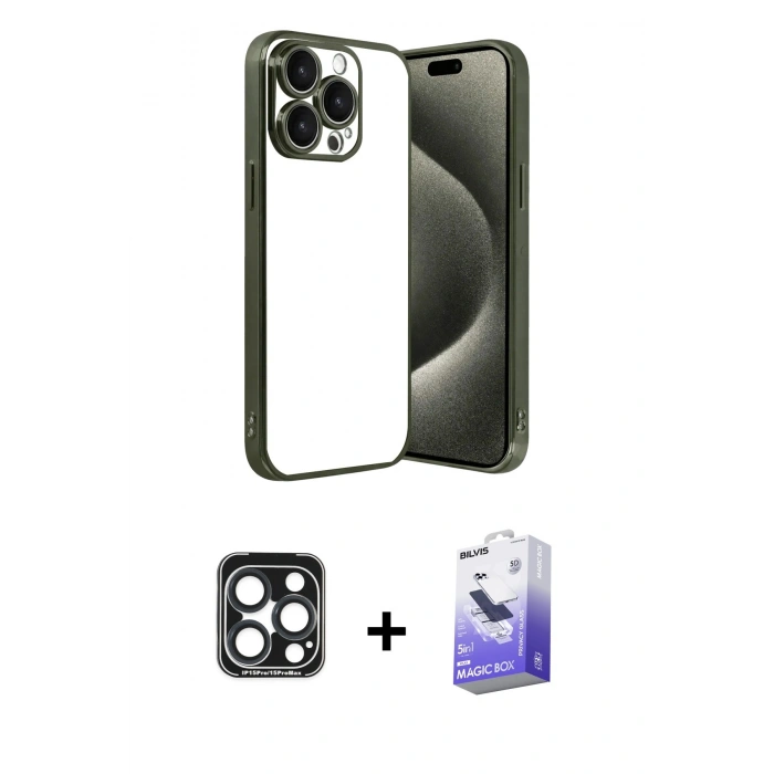MARSİLYAN™- iPhone 15 Pro Max Kılıf Vadi Minimal - Siyah Bilvis 5in1 5D Magic Hayalet Cam Ekran Koruyucu + PVD Metal Kamera Lens - LT