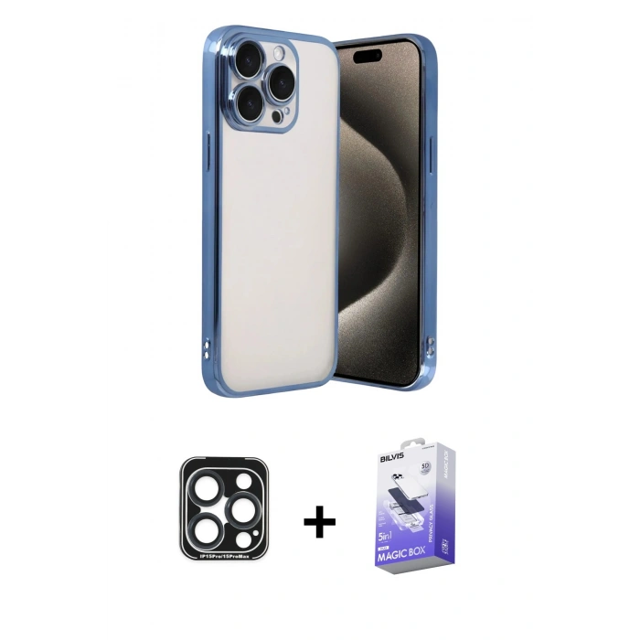 MARSİLYAN™- iPhone 15 Pro Max Kılıf Vadi Minimal - Siyah Bilvis 5in1 5D Magic Hayalet Cam Ekran Koruyucu + PVD Metal Kamera Lens - LT