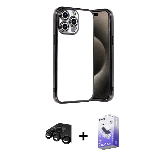 MARSİLYAN™- iPhone 15 Pro Max Kılıf Vadi Minimal - Siyah Bilvis 5in1 5D Magic Hayalet Cam Ekran Koruyucu + Raze Metal Kamera Lens - SH