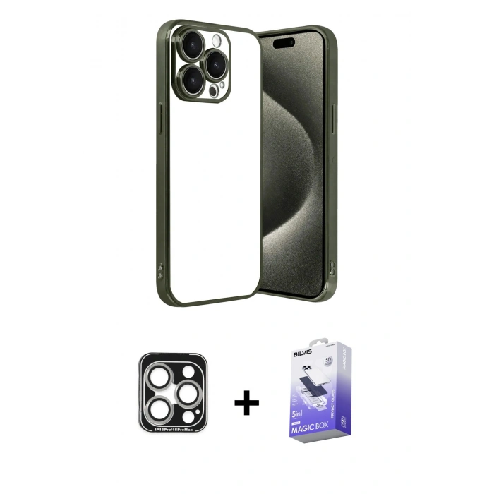 MARSİLYAN™- iPhone 15 Pro Max Kılıf Vadi Minimal - Siyah Bilvis 5in1 5D Magic Hayalet Cam Ekran Koruyucu + PVD Metal Kamera Lens - GS