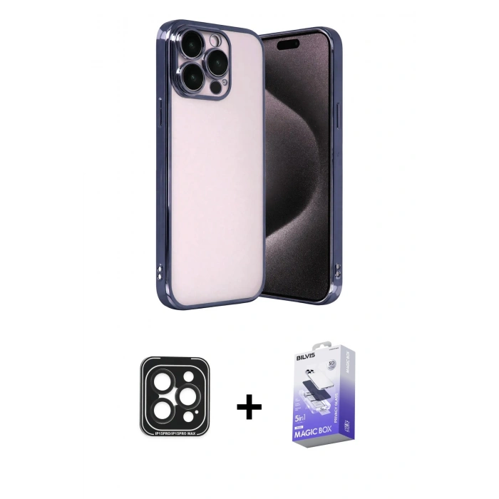 MARSİLYAN™- iPhone 15 Pro Max Kılıf Vadi Minimal - Siyah Bilvis 5in1 5D Magic Hayalet Cam Ekran Koruyucu + Siyah PVD Metal Kamera Lens