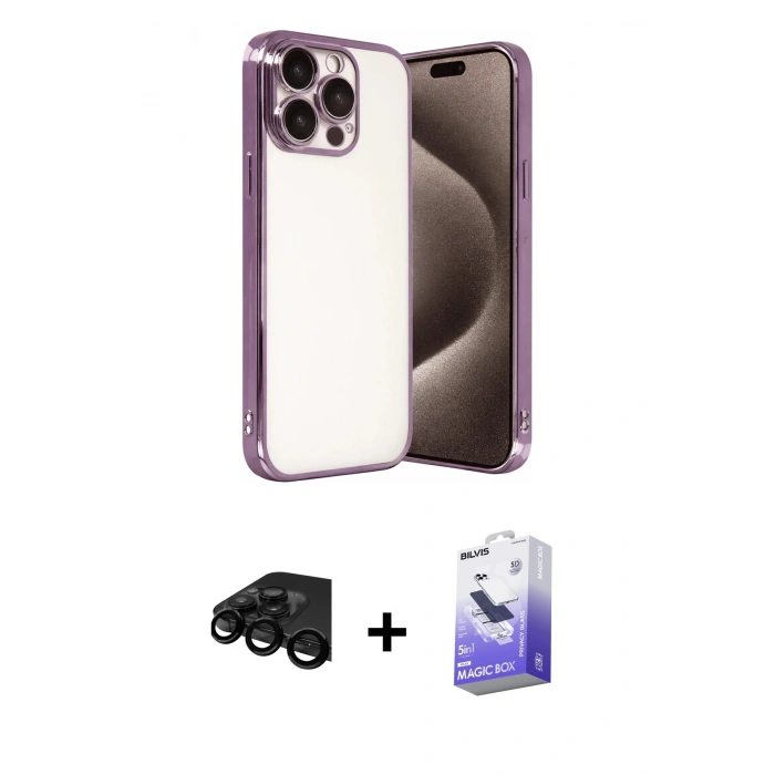 MARSİLYAN™- iPhone 15 Pro Max Kılıf Vadi Minimal - Siyah Bilvis 5in1 5D Magic Hayalet Cam Ekran Koruyucu + Raze Metal Kamera Lens - SH