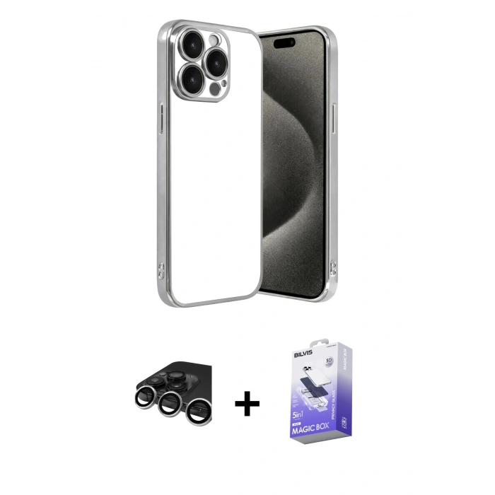 MARSİLYAN™- iPhone 15 Pro Max Kılıf Vadi Minimal - Siyah Bilvis 5in1 5D Magic Hayalet Cam Ekran Koruyucu + Raze Metal Kamera Lens - GS