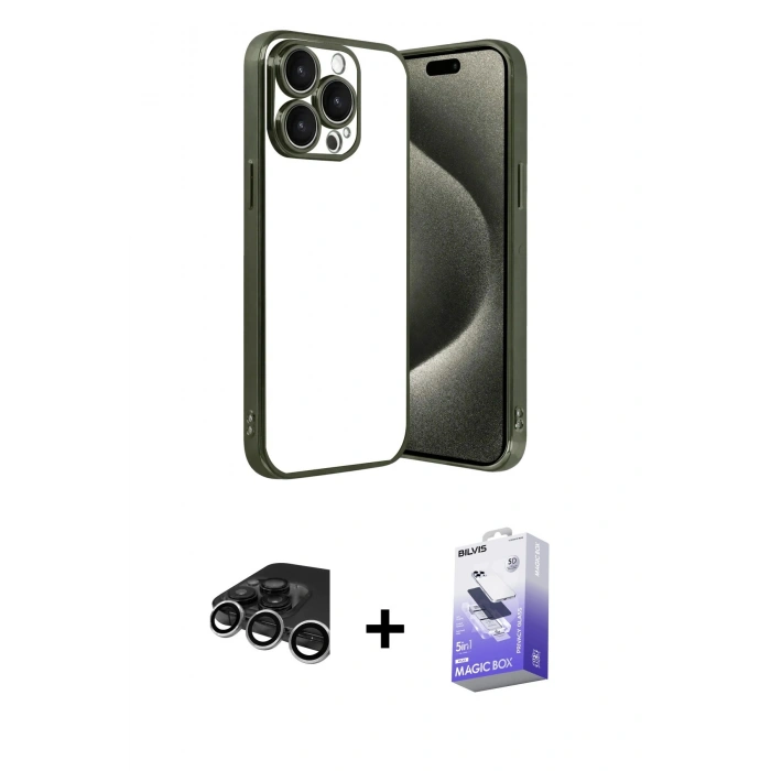 MARSİLYAN™- iPhone 15 Pro Max Kılıf Vadi Minimal - Siyah Bilvis 5in1 5D Magic Hayalet Cam Ekran Koruyucu + Raze Metal Kamera Lens - GS