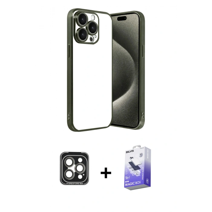MARSİLYAN™- iPhone 15 Pro Max Kılıf Vadi Minimal - Siyah Bilvis 5in1 5D Magic Hayalet Cam Ekran Koruyucu + PVD Metal Kamera Lens - GI
