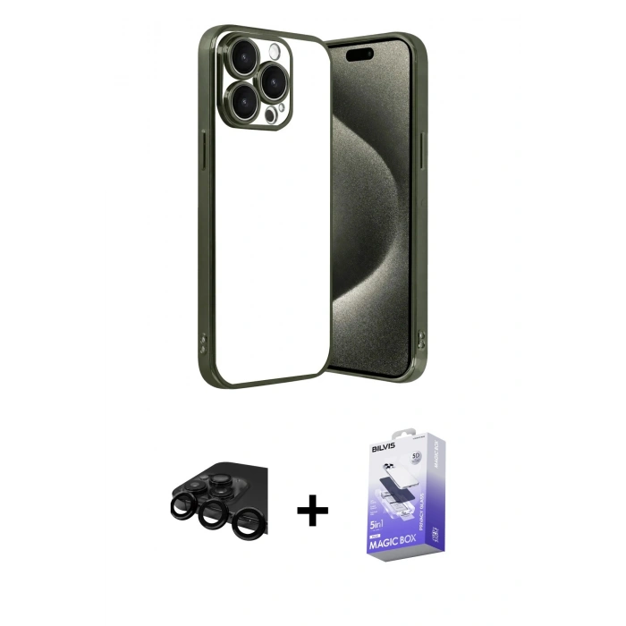 MARSİLYAN™- iPhone 15 Pro Max Kılıf Vadi Minimal - Siyah Bilvis 5in1 5D Magic Hayalet Cam Ekran Koruyucu + Raze Metal Kamera Lens - SH
