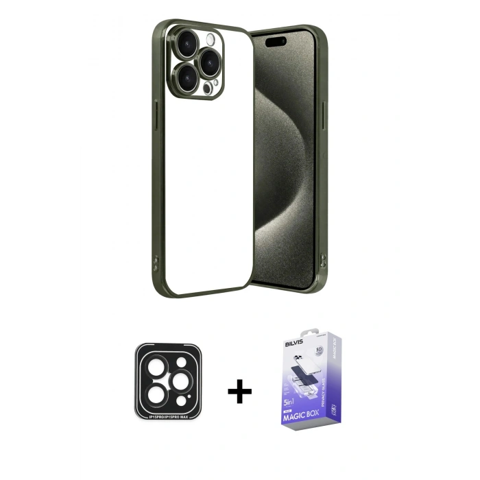 MARSİLYAN™- iPhone 15 Pro Max Kılıf Vadi Minimal - Siyah Bilvis 5in1 5D Magic Hayalet Cam Ekran Koruyucu + PVD Metal Kamera Lens - SH