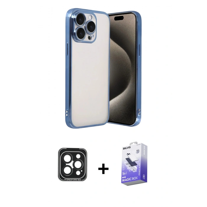 MARSİLYAN™- iPhone 15 Pro Max Kılıf Vadi Minimal - Siyah Bilvis 5in1 5D Magic Hayalet Cam Ekran Koruyucu + Siyah PVD Metal Kamera Lens