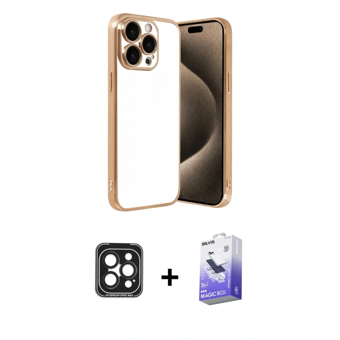 MARSİLYAN™- iPhone 15 Pro Max Kılıf Vadi Minimal - Siyah Bilvis 5in1 5D Magic Hayalet Cam Ekran Koruyucu + Siyah PVD Metal Kamera Lens