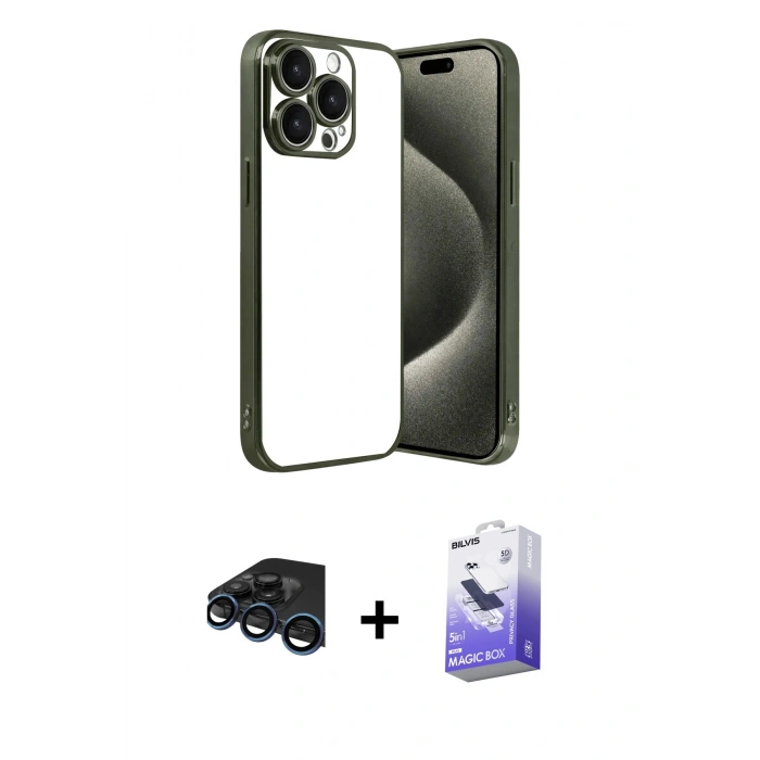 MARSİLYAN™- iPhone 15 Pro Max Kılıf Vadi Minimal - Siyah Bilvis 5in1 5D Magic Hayalet Cam Ekran Koruyucu + Raze Metal Kamera Lens - LT