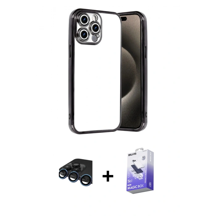 MARSİLYAN™- iPhone 15 Pro Max Kılıf Vadi Minimal - Siyah Bilvis 5in1 5D Magic Hayalet Cam Ekran Koruyucu + Raze Metal Kamera Lens - LT