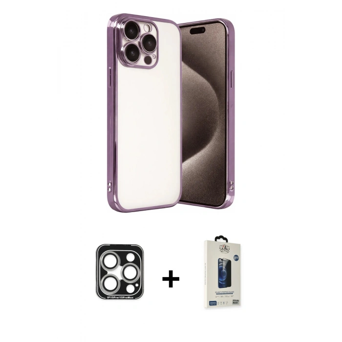 MARSİLYAN™- iPhone 15 Pro Max Kılıf Vadi Minimal - Siyah Bilvis Hayalet Cam Ekran Koruyucu + PVD Metal Kamera Lens - GS