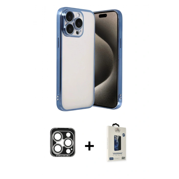 MARSİLYAN™- iPhone 15 Pro Max Kılıf Vadi Minimal - Siyah Bilvis Hayalet Cam Ekran Koruyucu + PVD Metal Kamera Lens - GS