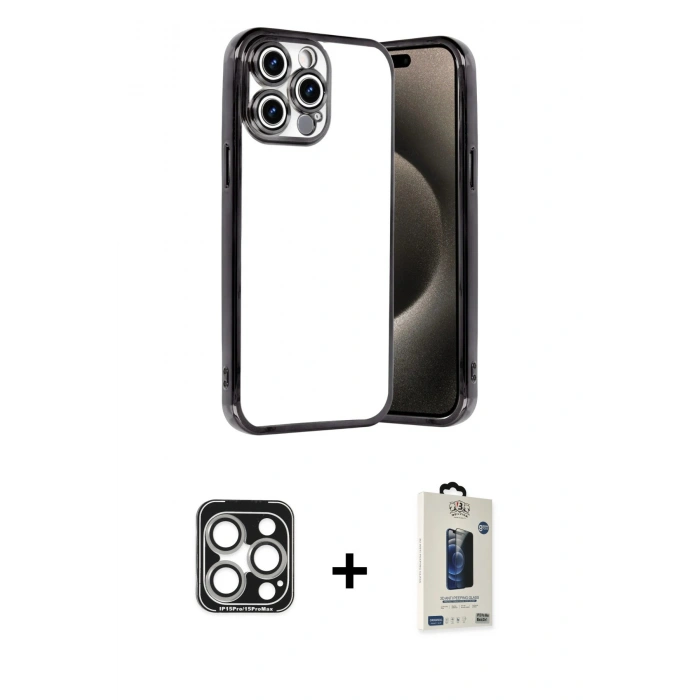 MARSİLYAN™- iPhone 15 Pro Max Kılıf Vadi Minimal - Siyah Bilvis Hayalet Cam Ekran Koruyucu + PVD Metal Kamera Lens - GS