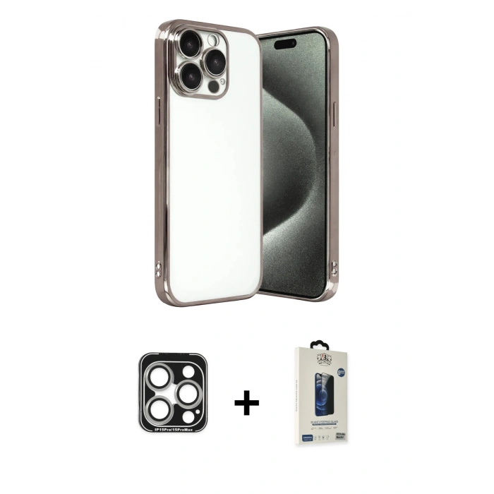 MARSİLYAN™- iPhone 15 Pro Max Kılıf Vadi Minimal - Siyah Bilvis Hayalet Cam Ekran Koruyucu + PVD Metal Kamera Lens - GS