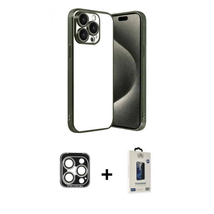 MARSİLYAN™- iPhone 15 Pro Max Kılıf Vadi Minimal - Siyah Bilvis Hayalet Cam Ekran Koruyucu + PVD Metal Kamera Lens - GS