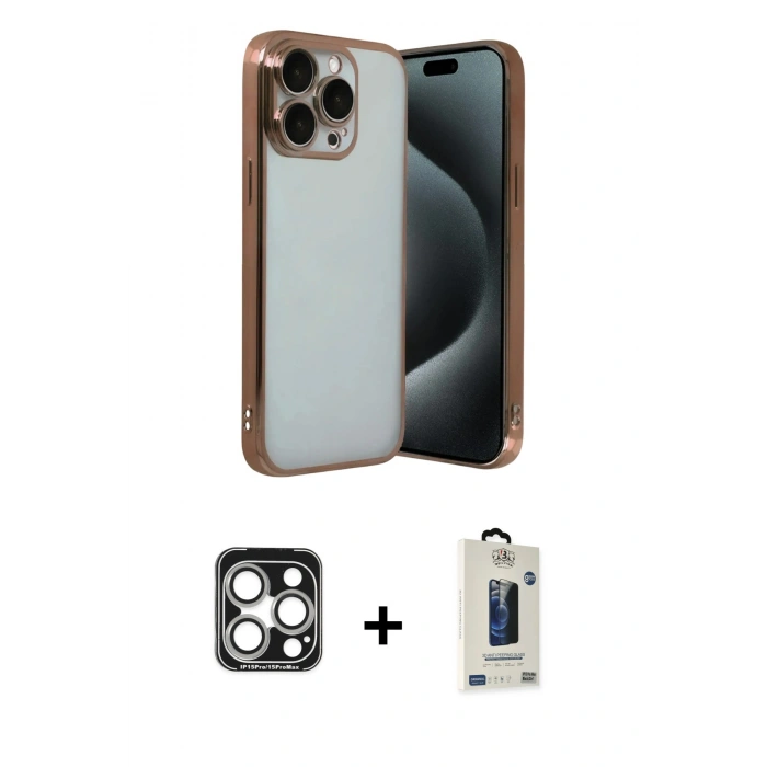 MARSİLYAN™- iPhone 15 Pro Max Kılıf Vadi Minimal - Siyah Bilvis Hayalet Cam Ekran Koruyucu + PVD Metal Kamera Lens - GS