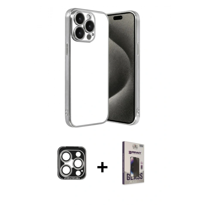 MARSİLYAN™- iPhone 15 Pro Max Kılıf Vadi Minimal - Siyah Bilvis Hayalet Cam Ekran Koruyucu + Gümüş PVD Metal Kamera Lens
