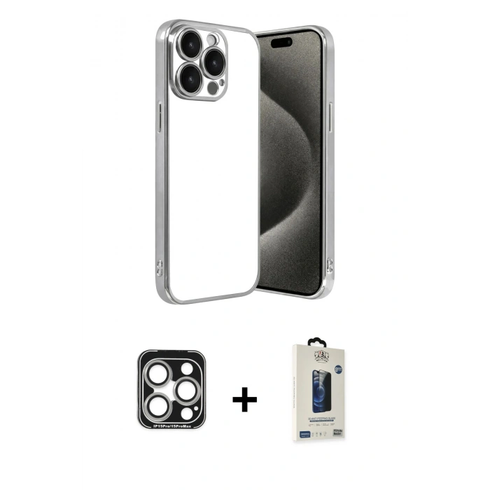 MARSİLYAN™- iPhone 15 Pro Max Kılıf Vadi Minimal - Siyah Bilvis Hayalet Cam Ekran Koruyucu + PVD Metal Kamera Lens - GS
