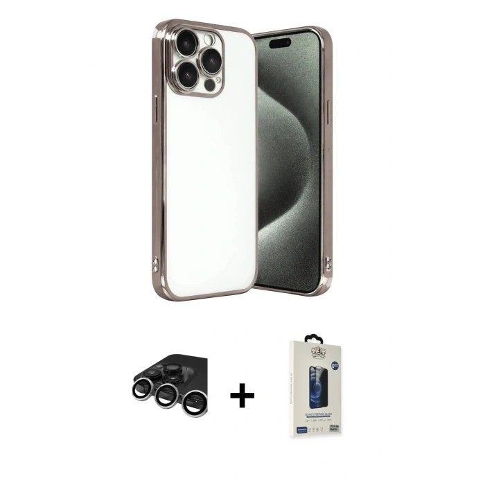 MARSİLYAN™- iPhone 15 Pro Max Kılıf Vadi Minimal - Siyah Bilvis Hayalet Cam Ekran Koruyucu + Raze Metal Kamera Lens - GS