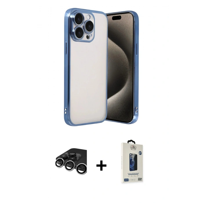 MARSİLYAN™- iPhone 15 Pro Max Kılıf Vadi Minimal - Siyah Bilvis Hayalet Cam Ekran Koruyucu + Raze Metal Kamera Lens - GS