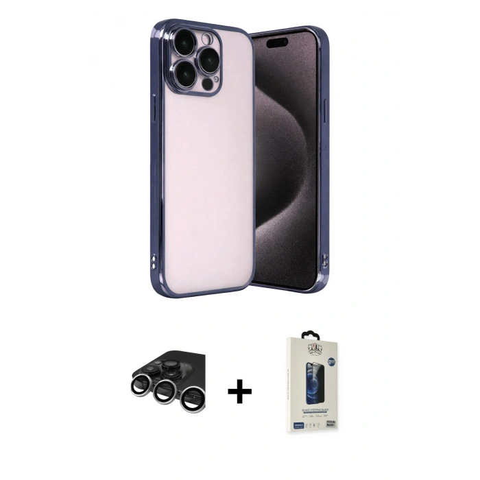 MARSİLYAN™- iPhone 15 Pro Max Kılıf Vadi Minimal - Siyah Bilvis Hayalet Cam Ekran Koruyucu + Raze Metal Kamera Lens - GS