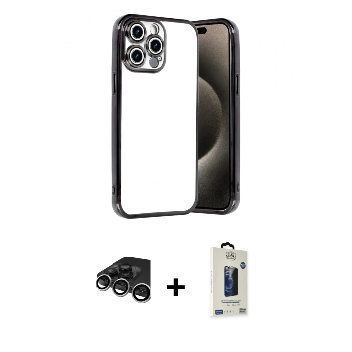 MARSİLYAN™- iPhone 15 Pro Max Kılıf Vadi Minimal - Siyah Bilvis Hayalet Cam Ekran Koruyucu + Raze Metal Kamera Lens - GS