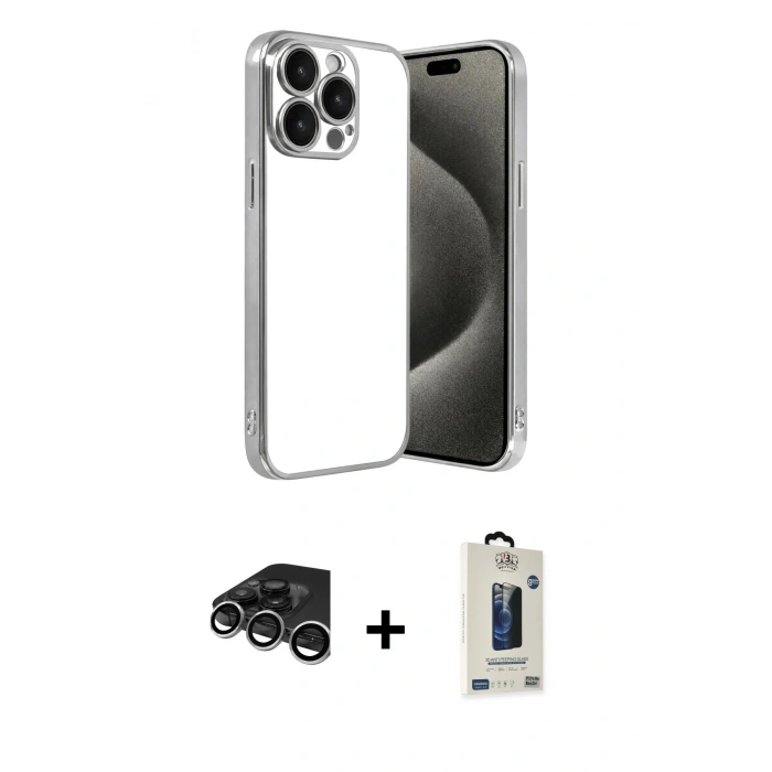 MARSİLYAN™- iPhone 15 Pro Max Kılıf Vadi Minimal - Siyah Bilvis Hayalet Cam Ekran Koruyucu + Raze Metal Kamera Lens - GS
