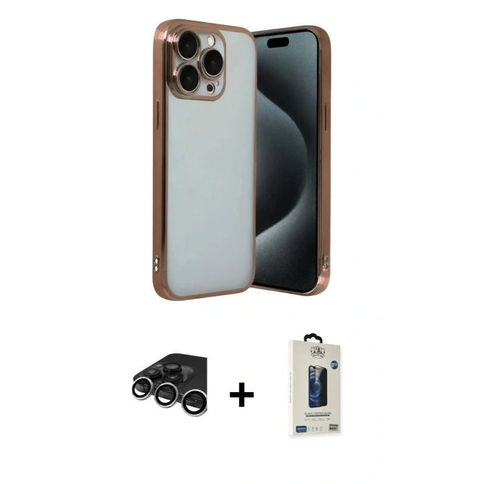 MARSİLYAN™- iPhone 15 Pro Max Kılıf Vadi Minimal - Siyah Bilvis Hayalet Cam Ekran Koruyucu + Raze Metal Kamera Lens - GS