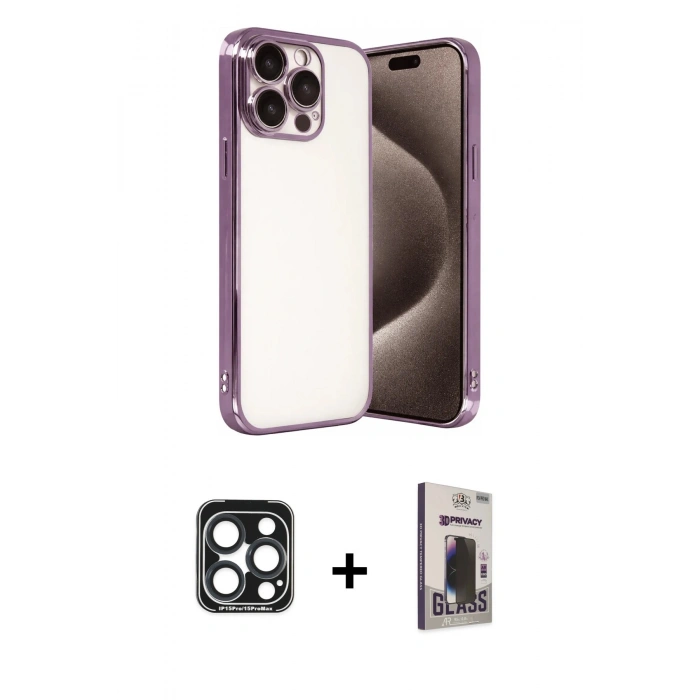 MARSİLYAN™- iPhone 15 Pro Max Kılıf Vadi Minimal - Siyah Bilvis Hayalet Cam Ekran Koruyucu + PVD Metal Kamera Lens - LT