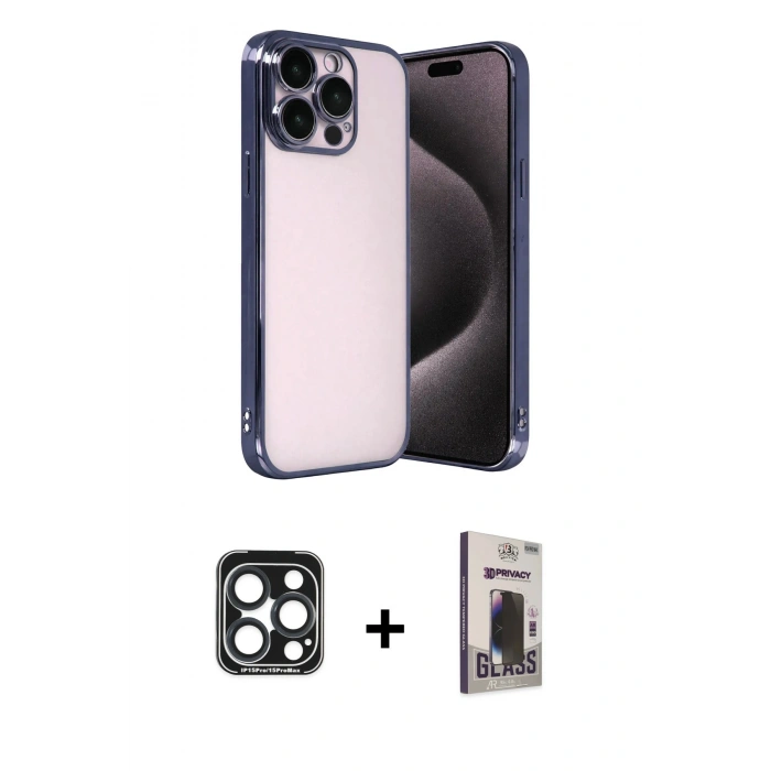 MARSİLYAN™- iPhone 15 Pro Max Kılıf Vadi Minimal - Siyah Bilvis Hayalet Cam Ekran Koruyucu + PVD Metal Kamera Lens - LT