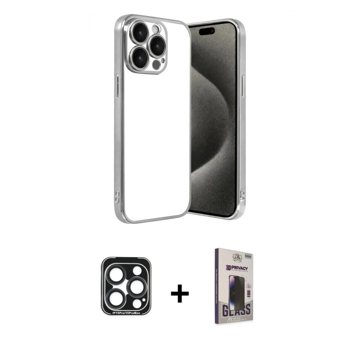 MARSİLYAN™- iPhone 15 Pro Max Kılıf Vadi Minimal - Siyah Bilvis Hayalet Cam Ekran Koruyucu + PVD Metal Kamera Lens - LT