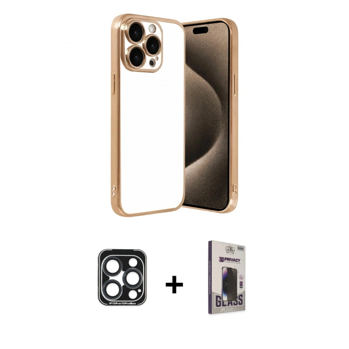 MARSİLYAN™- iPhone 15 Pro Max Kılıf Vadi Minimal - Siyah Bilvis Hayalet Cam Ekran Koruyucu + PVD Metal Kamera Lens - LT