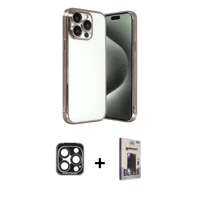 MARSİLYAN™- iPhone 15 Pro Max Kılıf Vadi Minimal - Siyah Bilvis Hayalet Cam Ekran Koruyucu + PVD Metal Kamera Lens - LT